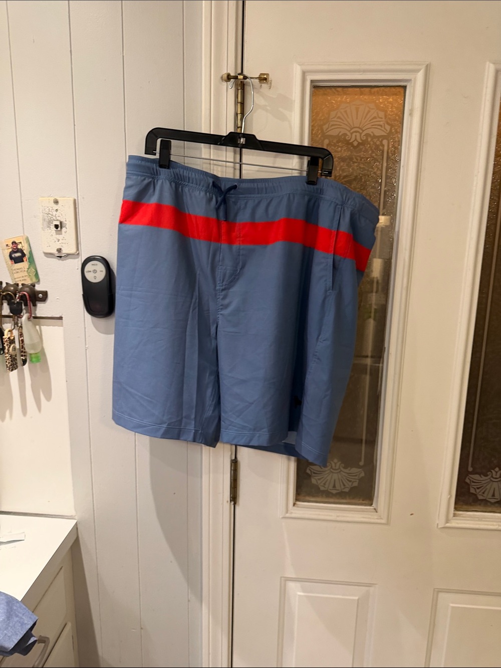 The Black Dog Light Blue Swim Trunks with Red Stripe